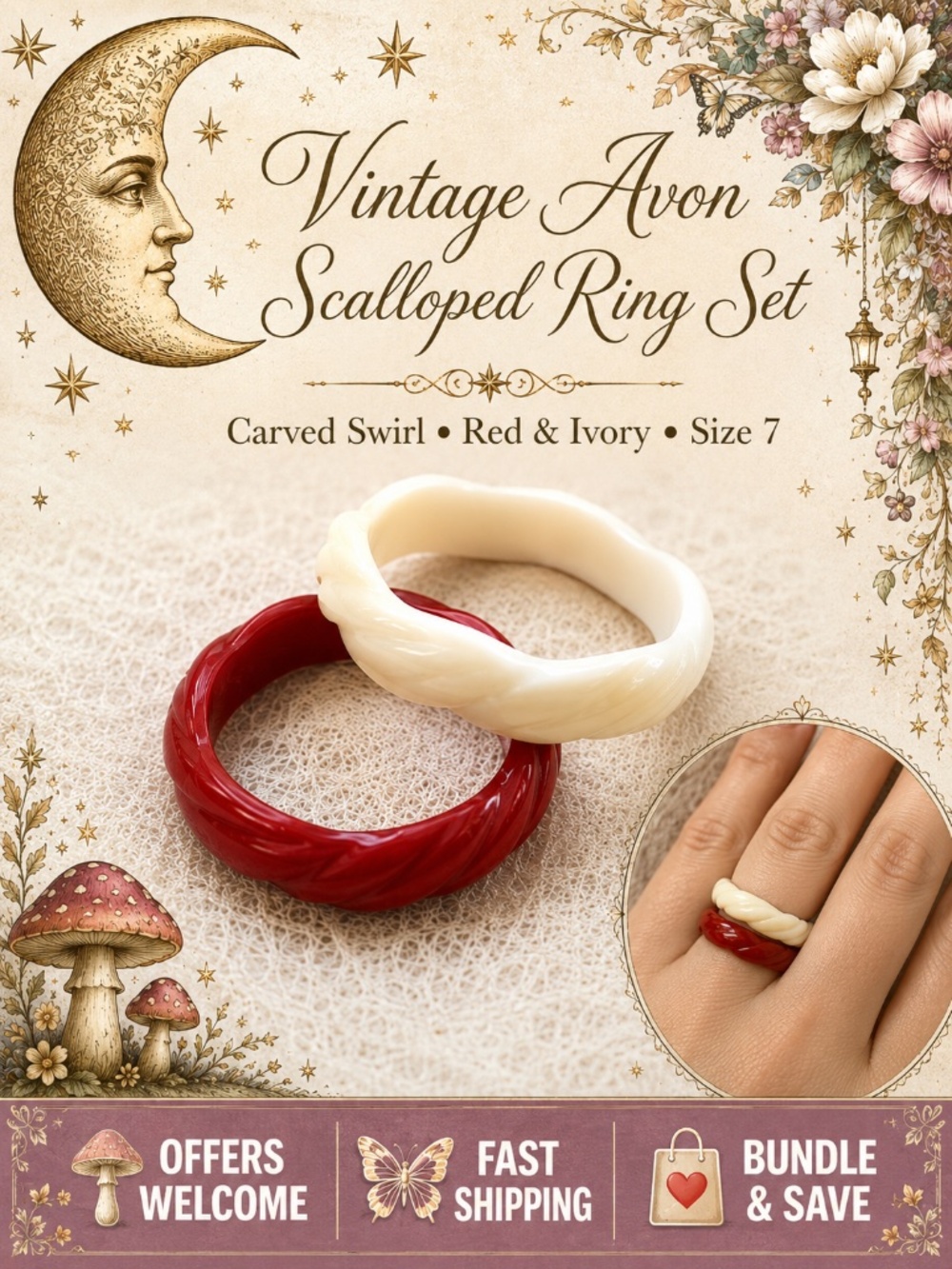 Vintage Avon Scalloped Ring Set Red & Ivory Carved Swirl Size 7